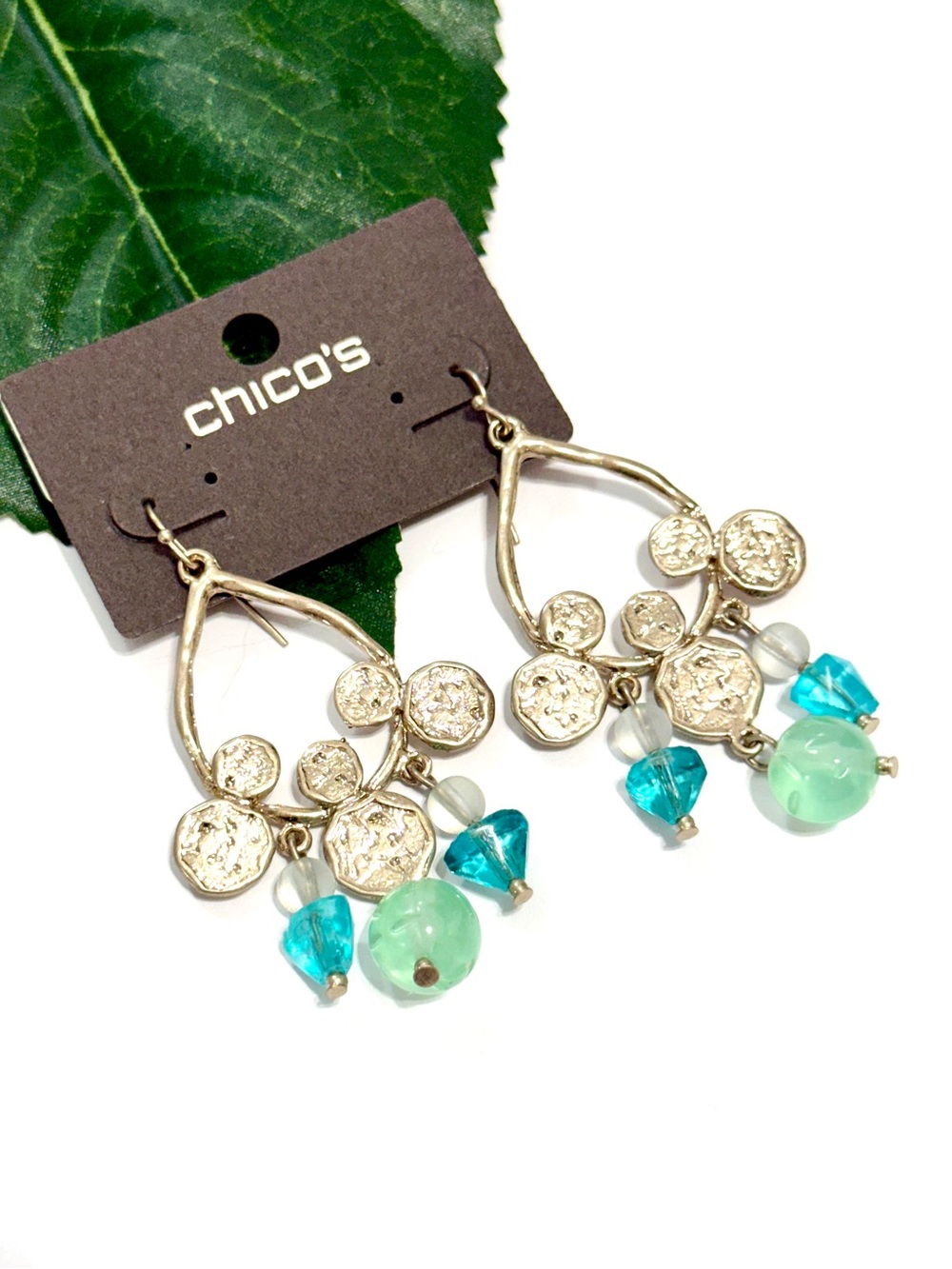 Chico’s Blue & Green Sea Glass Medallion Drop Earrings NWT